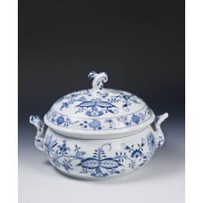 Terrine, rund mit Schnörkel, Zwiebelmuster, kobaltblau, weißer Rand, 3,50 l