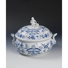 Terrine, rund mit Figur, Zwiebelmuster, kobaltblau, weißer Rand, 3,50 l