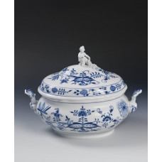 Terrine, oval mit Figur, Zwiebelmuster, kobaltblau, weißer Rand, 2,50 l