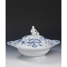 Gemüsenapf, rund, Zwiebelmuster, kobaltblau, weißer Rand, 33 cm