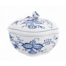 Zuckerdose, oval, Zwiebelmuster, kobaltblau, weißer Rand, 14 cm