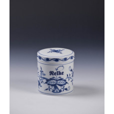 Dose, Zwiebelmuster, kobaltblau, weißer Rand, 8,5x10 cm