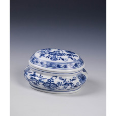 Dose, Zwiebelmuster, kobaltblau, weißer Rand, L 12 cm