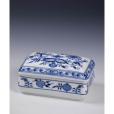Dose, Zwiebelmuster, kobaltblau, weißer Rand, 12,5x8,5 cm
