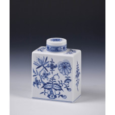 Teedose, Zwiebelmuster, kobaltblau, weißer Rand, H 12,6 cm