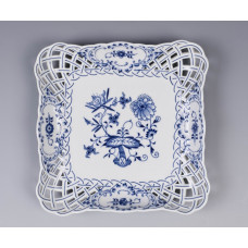 Schale, durchbr. viereckig, Zwiebelmuster, kobaltblau, weißer Rand, L 20,5 cm