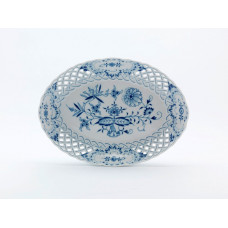 Schale,durchbr. oval, Zwiebelmuster, kobaltblau, weißer Rand, L 27 cm