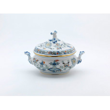 Terrine, oval mit Schnörkel, Zwiebelmuster, kobaltblau, rot- und goldschattiert, Goldrand, 1,50 l