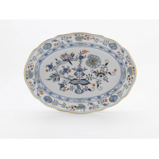 Platte, oval, Zwiebelmuster, kobaltblau, rot- und goldschattiert, Goldrand, L 35 cm