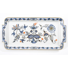 Platte,rechteck., Zwiebelmuster, kobaltblau, rot- und goldschattiert, Goldrand, L 29 cm