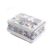 Dose, Zwiebelmuster, kobaltblau, rot- und goldschattiert, Goldrand, 7,5x5,5 cm