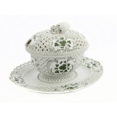 Dose mit Unterschale, Voller grüner Weinkranz, weißer Rand, L 27 cm