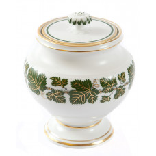 Zuckerdose, Voller grüner Weinkranz, Goldadern, Goldrand, 10 cm