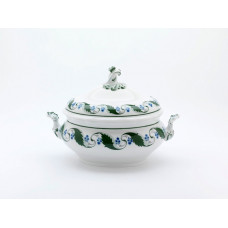 Terrine, oval mit Schnörkel, Mahonienranke, grün, Früchte, blau, weißer Rand, V 2,50 l