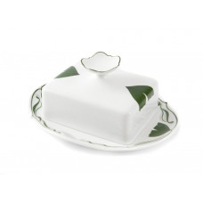 Butterdose, Ginkgoblatt mit Lösungsmalerei, grün, weißer Rand, L 21,5 cm