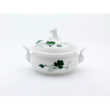 Terrine, rund mit Schnörkel, Weinblatt mit Weintraube,grün,mit Lösungsmalerei,weißer Rand, V 2,25 l