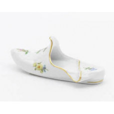 Pantoffel links, Gestreute Blümchen, bunt, Goldrand, L 9,5 cm