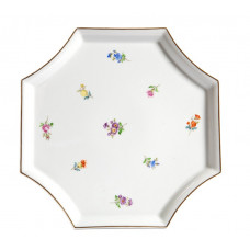 Platte,achteckig, Gestreute Bl&uuml;mchen, bunt, Goldfaden bzw. Goldreifen, L 21 cm