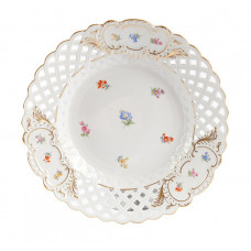Teller, durchbr., Gestreute Blümchen, bunt, Schilderornamente goldstaffiert, Goldrand, ø 29 cm