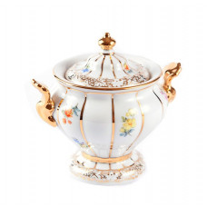 Zuckerdose, Gestreute Blümchen, bunt, Gold angespitzt, H 10,5 cm