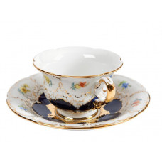 Espressotasse, Gestreute Blümchen, bunt, königsblau glasiert, Gold angespitzt, V 0,07 l