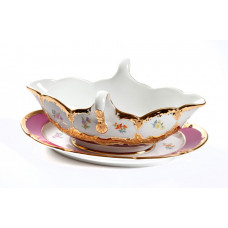 Sauciere, Gestreute Bl&uuml;mchen, bunt, purpur glasiert, Goldbronze, leicht, V 0,45 l