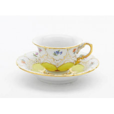 Espressotasse, Gestreute Blümchen, bunt, gelb glasiert, Gold angespitzt, V 0,07 l