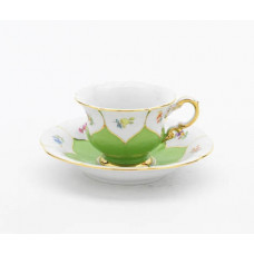 Mokkatasse m.U., Gestreute Blümchen, bunt, maigrün glasiert, Gold angespitzt, 0,06 l