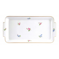 Platte,rechteck., Gestreute R&ouml;schen u. Vergi&szlig;meinnicht, bunt, Goldrand, L 29 cm