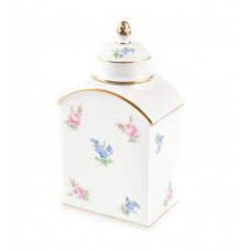 Teedose, Gestreute Röschen u. Vergißmeinnicht, bunt, Goldrand, H 14 cm