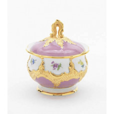 Zuckerdose, Gestreute Blümchen, bunt, pink glasiert, Goldbronze, leicht, ø 10 cm