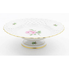 Schale auf Fu&szlig; durchbrochen, Rose mitte, bunt, Goldrand, H 7 cm