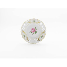 Teller, durchbr., Rose mitte, bunt, Schilderornamente goldstaffiert, Goldrand, ø 19 cm