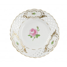 Teller, durchbr., Rose mitte, bunt, Schilderornamente goldstaffiert, Goldrand, ø 21 cm