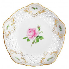 Schale, durchbr., Rose mitte, bunt, Schilderornamente goldstaffiert, Goldrand, ø 18 cm
