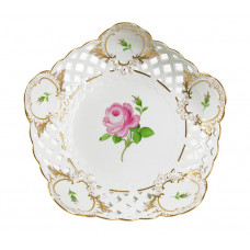 Schale, durchbr., Rose mitte, bunt, Schilderornamente goldstaffiert, Goldrand, ø 23 cm