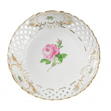 Schale, durchbr. rund, Rose mitte, bunt, Schilderornamente goldstaffiert, Goldrand, ø 21 cm