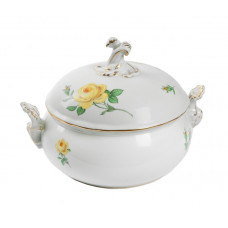 Terrine, rund mit Schnörkel, Rose mitte, gelb, Goldrand, V 1,75 l